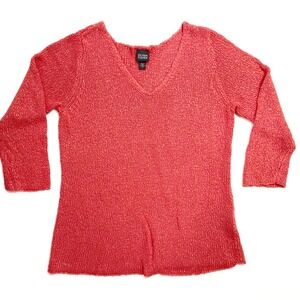 Eileen Fisher Sweater Large Coral Pink‎ V-Neck Linen Blend Knit 3/4 Sleeve Top